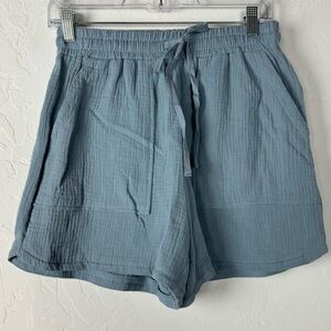 Mystree Shorts Solid‎ Light Blue Gauze Cotton Knit Pull On Lounge Tie Waist Soft